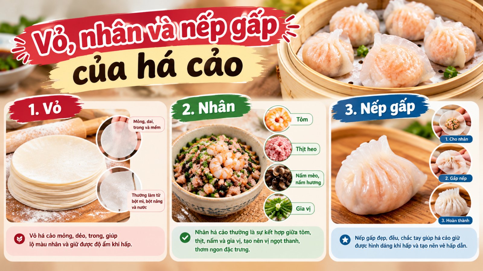 vỏ nhân và nếp gấp của há cảo